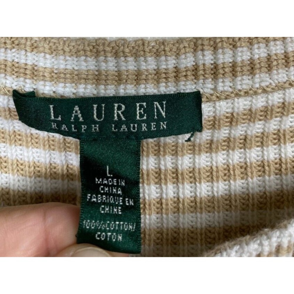 Lauren Ralph Lauren Short Sleeve Rib Knit Top L Yellow White Stripe Preppy - Picture 3 of 4
